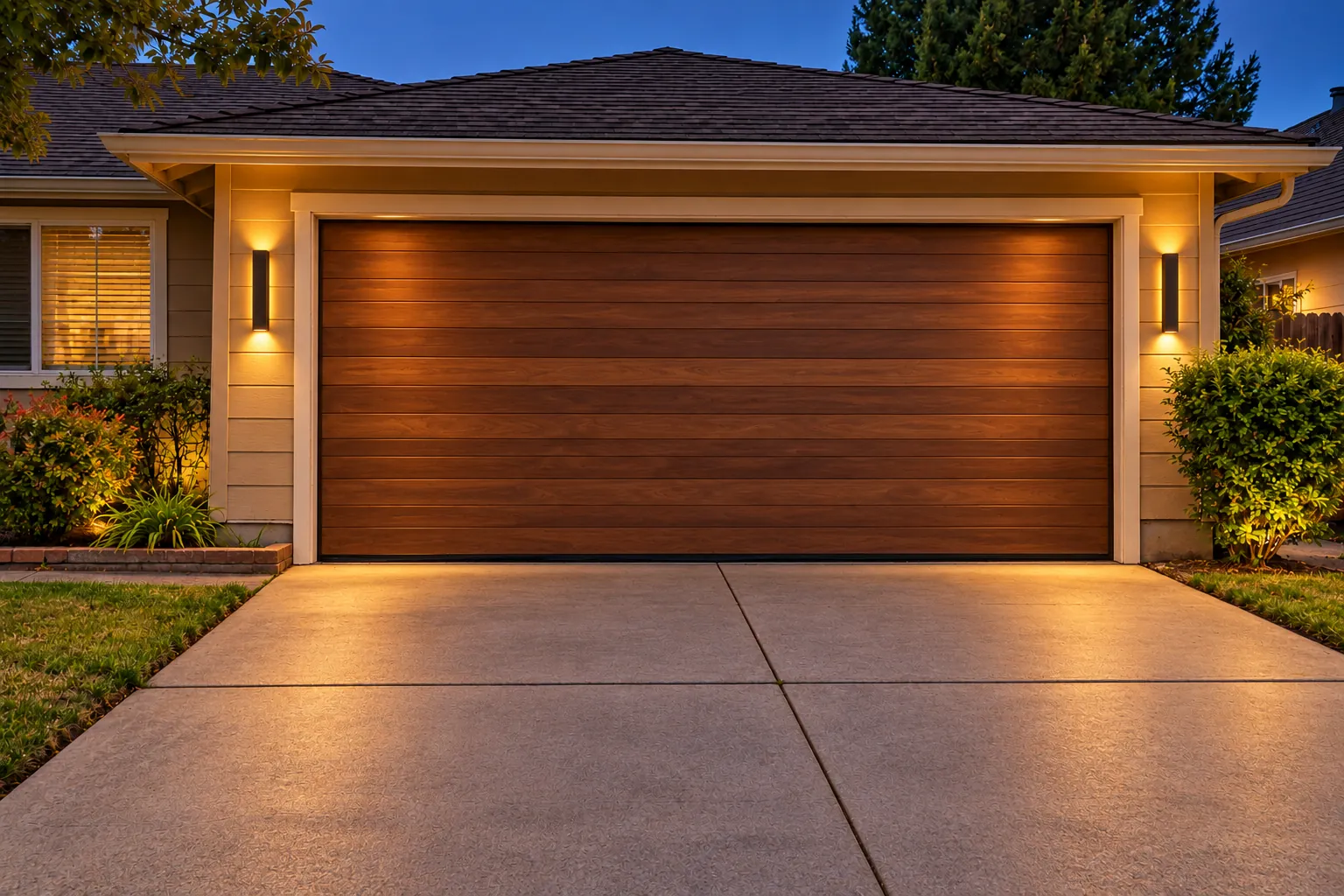 Same house with a new walnut slat garage door and wall lights