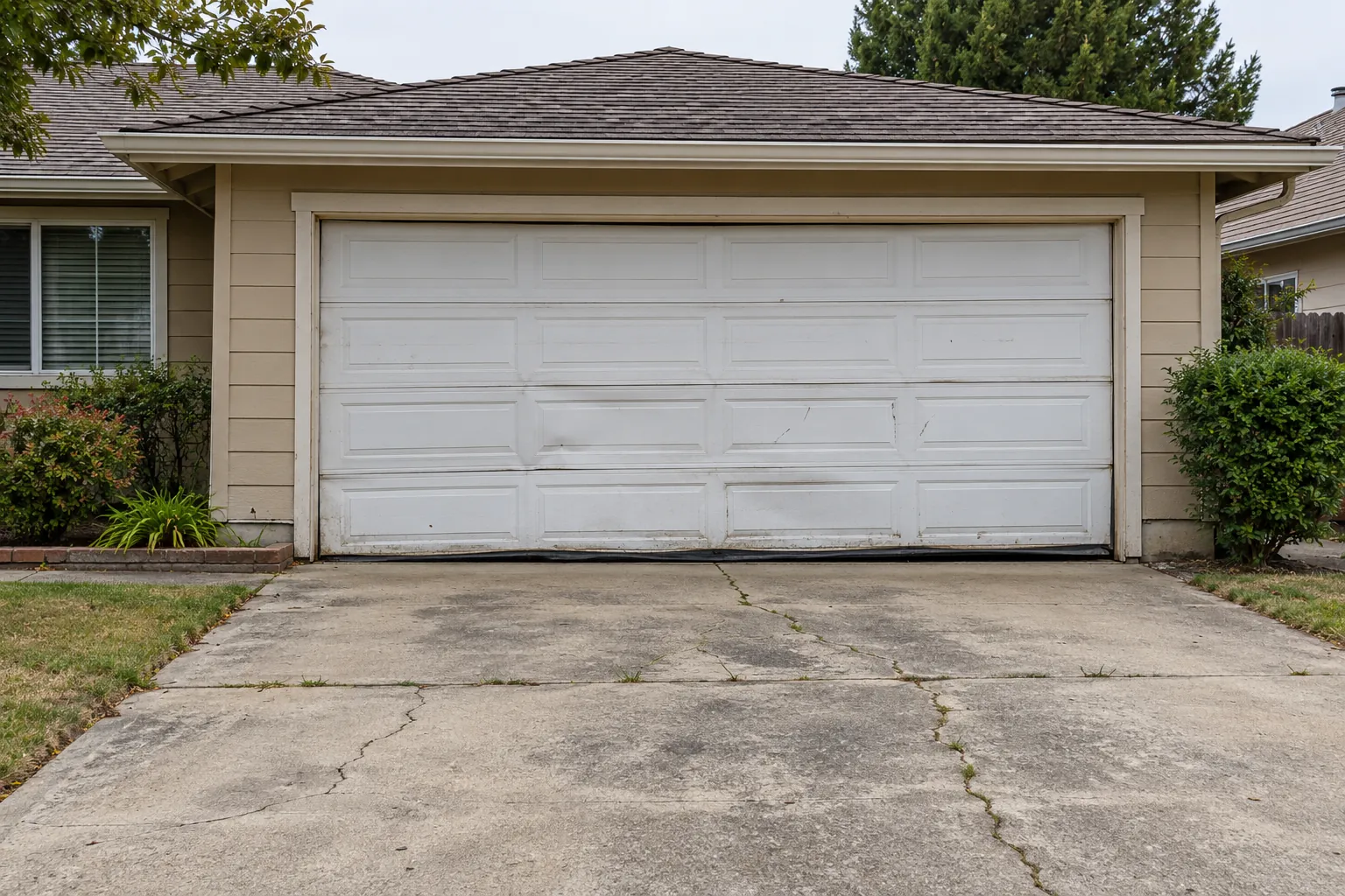 House with an old dented white garage door