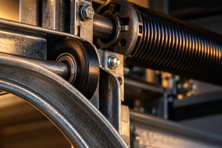 Close-up of a steel roller and torsion spring