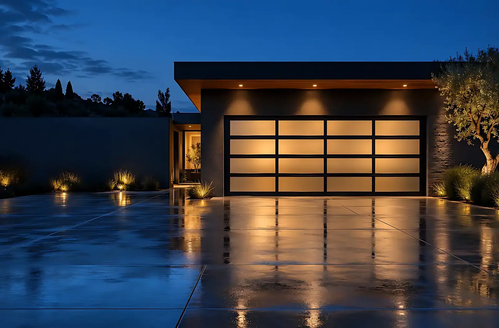 Modern home at blue hour with a black frosted-glass garage door glowing from inside