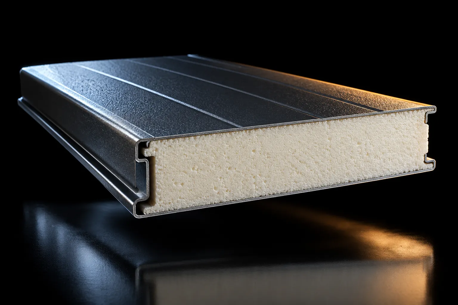 Cross-section of an insulated steel garage door panel